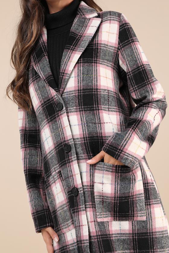 Lulus Posh Weather Black And Pink Plaid Collared Peacoat In Black