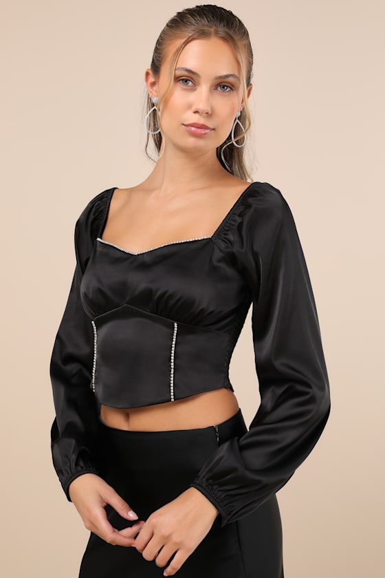 Lulus Glitteringly Gorgeous Black Rhinestone Cropped Long Sleeve Top In Black
