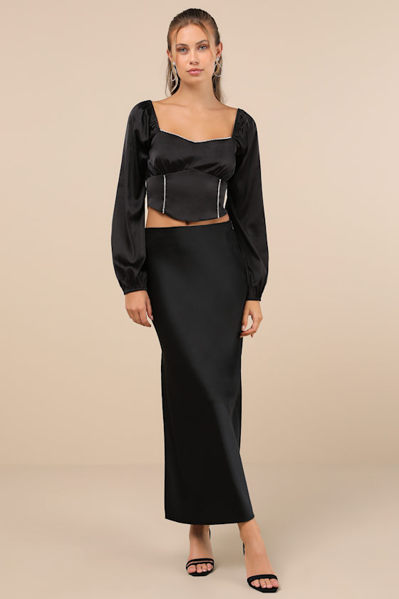 Lulus Glitteringly Gorgeous Black Rhinestone Cropped Long Sleeve Top In Black