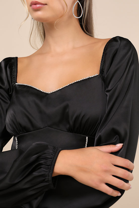 Lulus Glitteringly Gorgeous Black Rhinestone Cropped Long Sleeve Top In Black