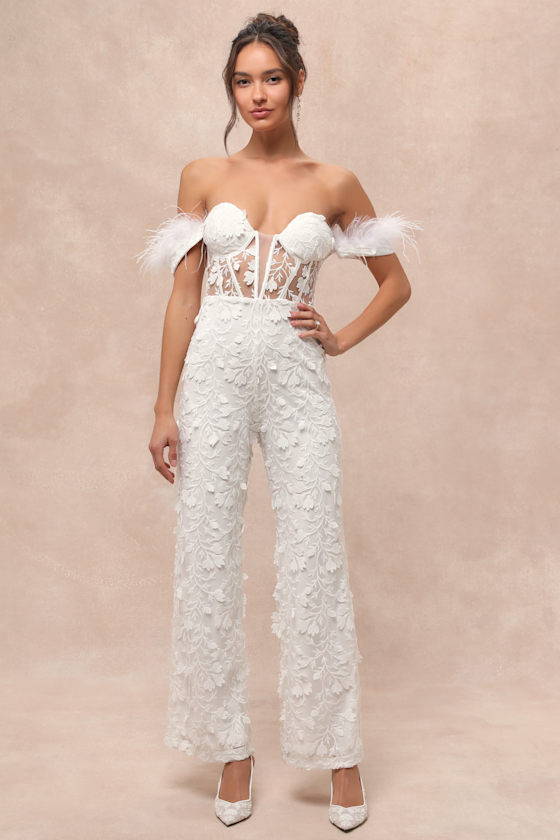 Midnight Sparkle White Mesh Embroidered Feather Bustier Jumpsuit 1