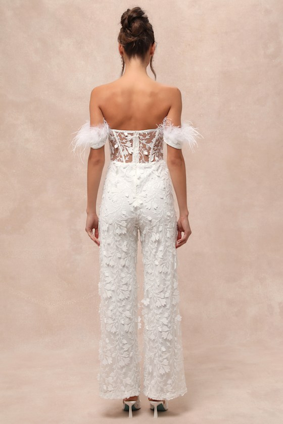 Midnight Sparkle White Mesh Embroidered Feather Bustier Jumpsuit 2