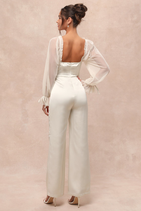 Lulus Gracefully Modern Ivory Satin Mesh Long Sleeve Bustier Jumpsuit In Ivory