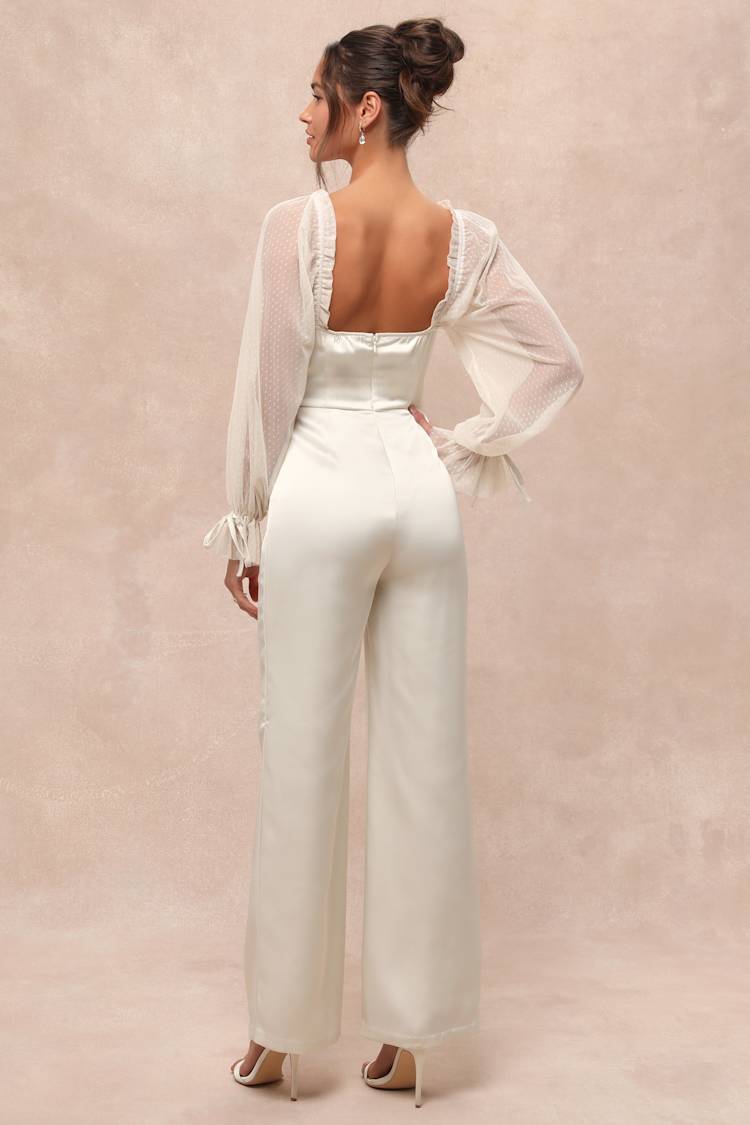 Gracefully Modern Ivory Satin Mesh Long Sleeve Bustier Jumpsuit
