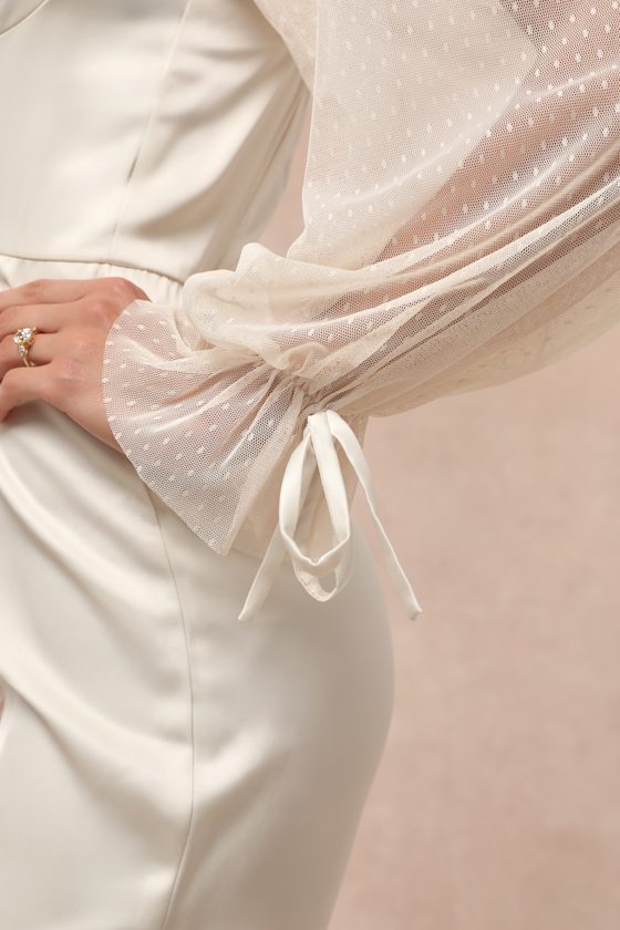 Lulus Gracefully Modern Ivory Satin Mesh Long Sleeve Bustier Jumpsuit In Ivory