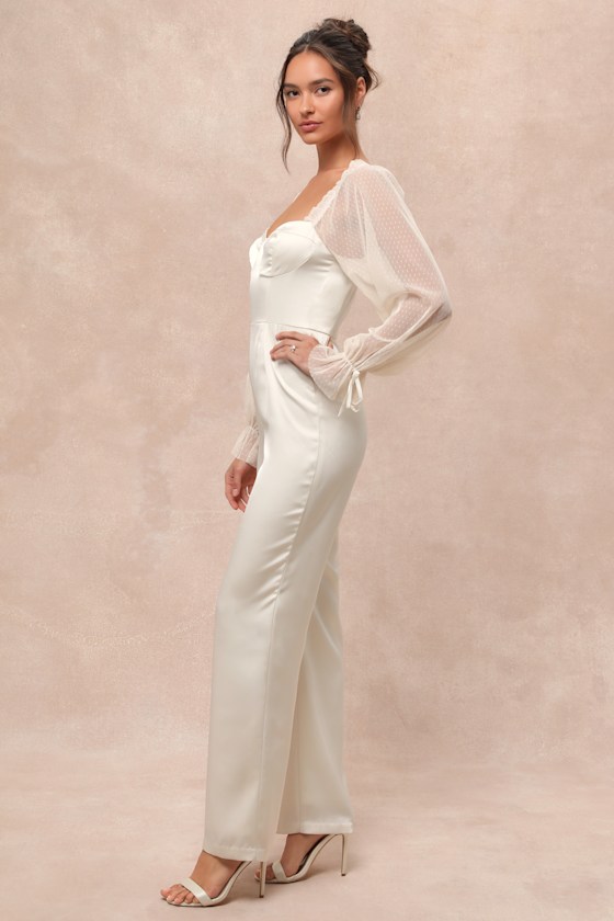 Lulus Gracefully Modern Ivory Satin Mesh Long Sleeve Bustier Jumpsuit In Ivory