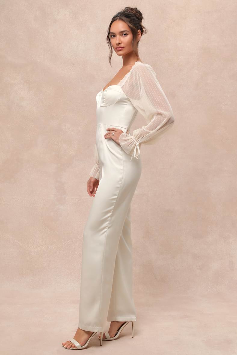 Gracefully Modern Ivory Satin Mesh Long Sleeve Bustier Jumpsuit
