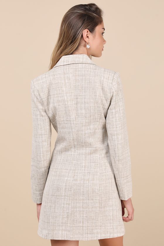 Lulus Deluxe Desire Olive Tweed Long Sleeve Blazer Mini Dress In Green