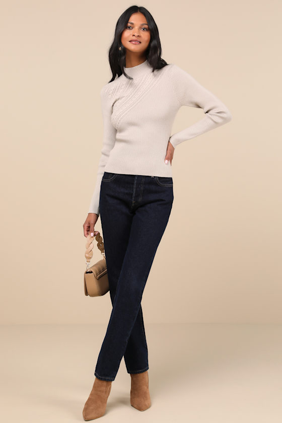 LULUS CURATED FORECAST BEIGE RIBBED MOCK NECK SWEATER TOP