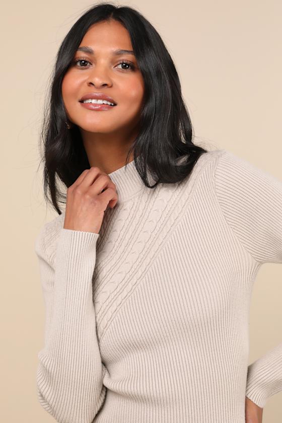 LULUS CURATED FORECAST BEIGE RIBBED MOCK NECK SWEATER TOP