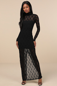Famous Impression Black Lace Mock Neck Long Sleeve Maxi Dress 1