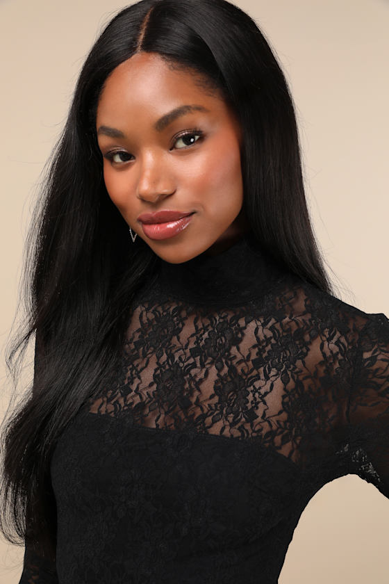 Lulus Famous Impression Black Lace Mock Neck Long Sleeve Maxi Dress In Black