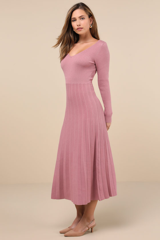 Lulus Snuggly Precision Mauve Pink Pleated Sweater Midi Dress In Mauve Pink