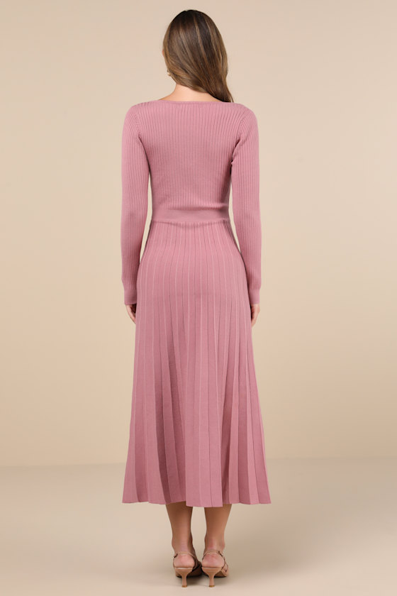 Lulus Snuggly Precision Mauve Pink Pleated Sweater Midi Dress In Mauve Pink