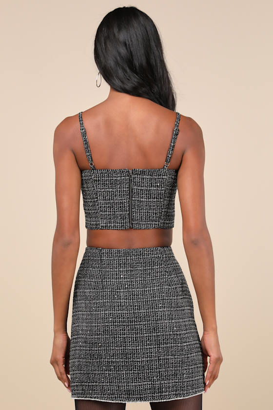 Lulus Charismatically Cute Black Tweed Rhinestone High-rise Mini Skirt In Black