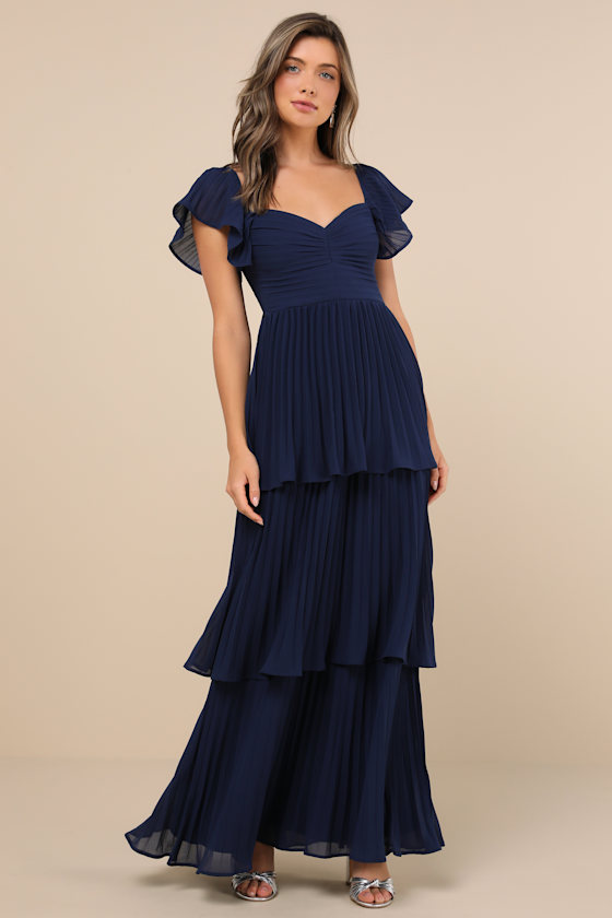 Lulus Notorious Charm Navy Blue Pleated Flutter Sleeve Maxi Dress In Navy Blue