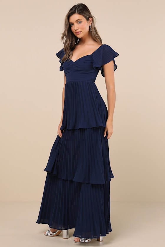 Lulus Notorious Charm Navy Blue Pleated Flutter Sleeve Maxi Dress In Navy Blue