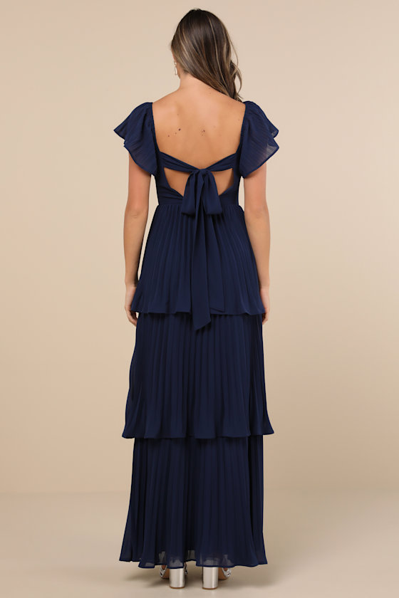 Lulus Notorious Charm Navy Blue Pleated Flutter Sleeve Maxi Dress In Navy Blue