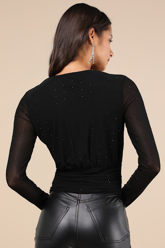 LULUS SENSE OF SPARKLE BLACK MESH RHINESTONE SURPLICE LONG SLEEVE TOP