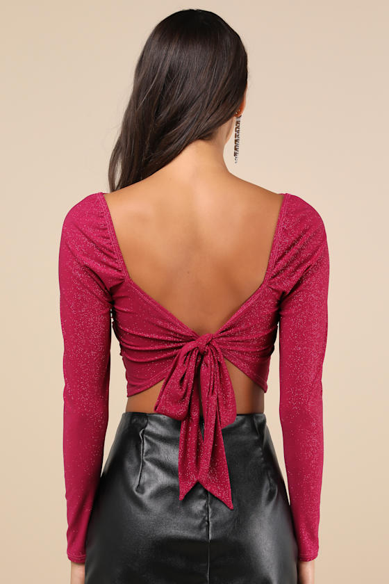 Lulus Perfected Shine Magenta Glitter Strappy Tie-back Crop Top In Magenta