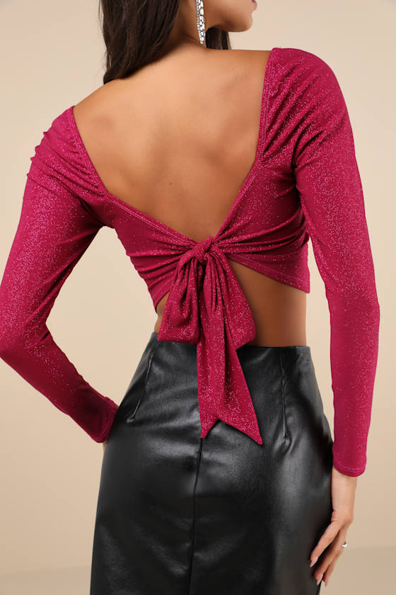 Lulus Perfected Shine Magenta Glitter Strappy Tie-back Crop Top In Magenta