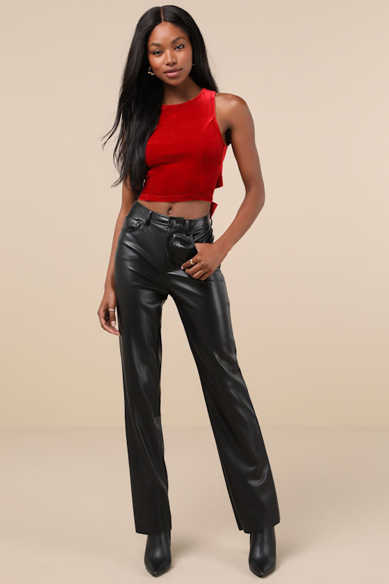 Lulus Let's Tie It Red Velvet Tie-back Cropped Tank Top In Red