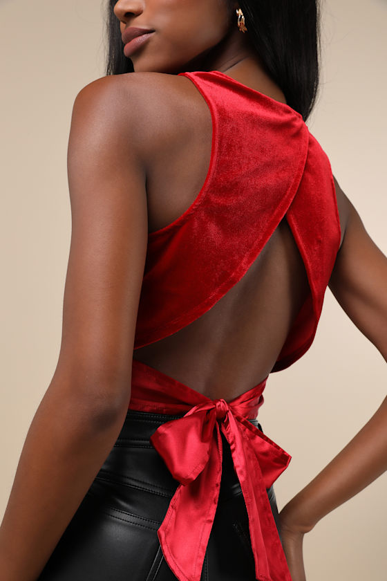 Lulus Let's Tie It Red Velvet Tie-back Cropped Tank Top In Red