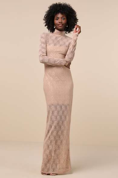 knee length dresses for ladies Taupe Lurex Long Sleeve Maxi Dress main image 0