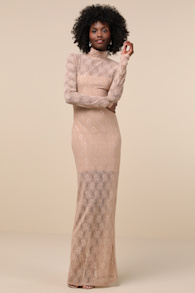 Famous Impression Beige Lace Mock Neck Long Sleeve Maxi Dress 4