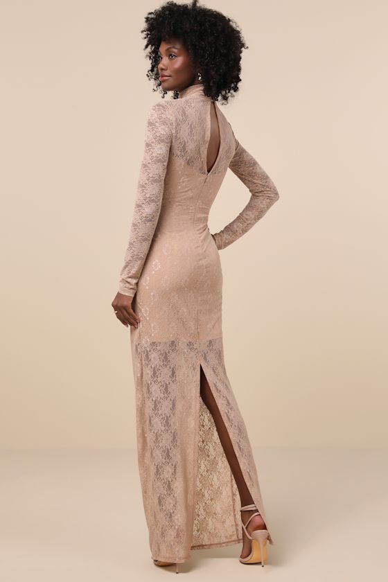 Lulus Famous Impression Beige Lace Mock Neck Long Sleeve Maxi Dress In Beige