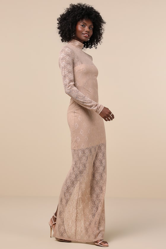 Lulus Famous Impression Beige Lace Mock Neck Long Sleeve Maxi Dress In Beige