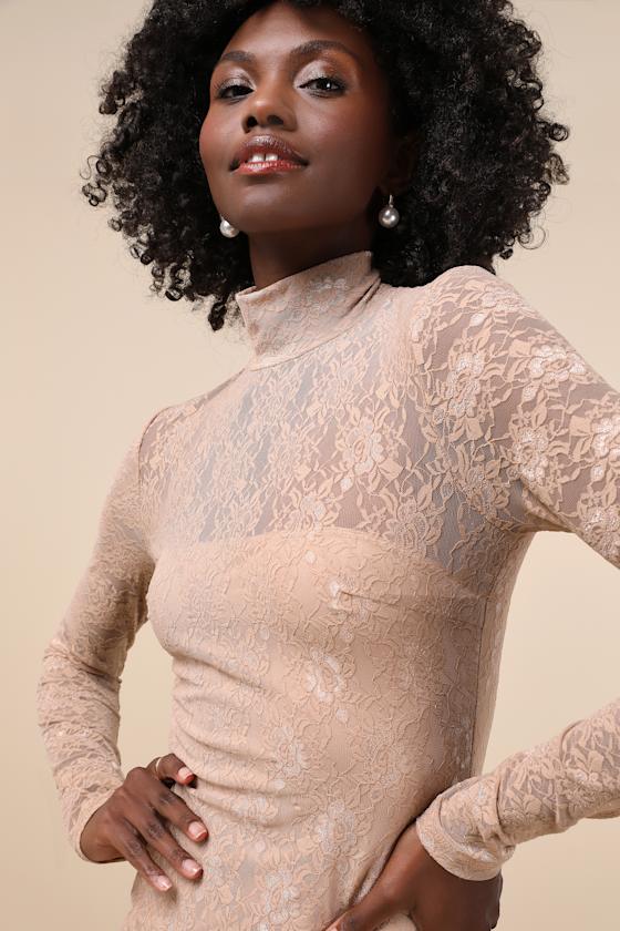 Lulus Famous Impression Beige Lace Mock Neck Long Sleeve Maxi Dress In Beige