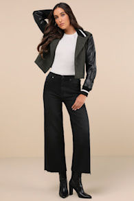 Stylish Promise Washed Black Wide-Leg Raw Hem Jeans