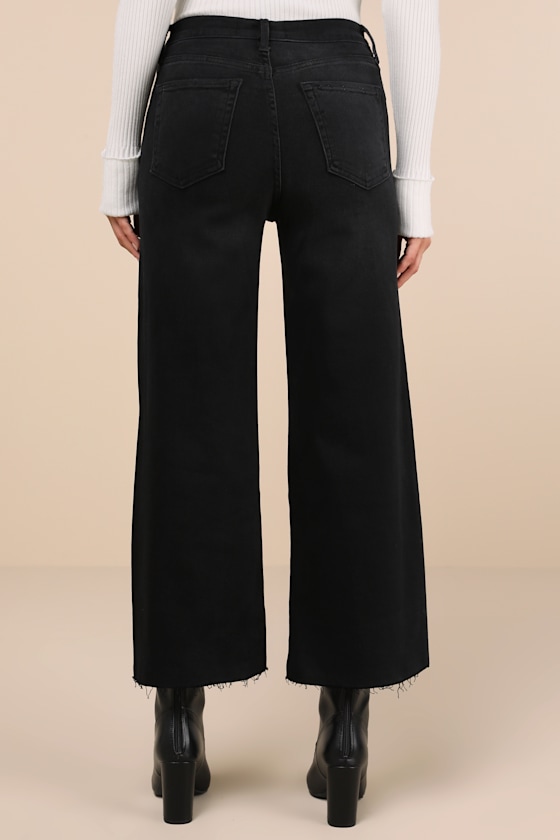 Just Black Stylish Promise Washed Black Wide-leg Raw Hem Jeans In Black