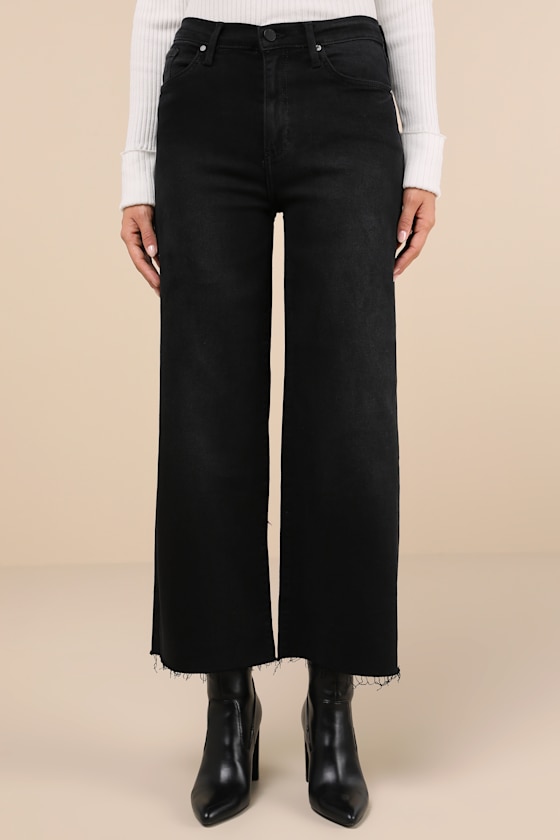Just Black Stylish Promise Washed Black Wide-leg Raw Hem Jeans In Black