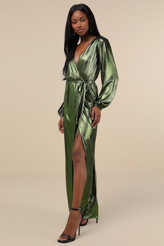 Lulus Extra Aesthetic Green Metallic Long Sleeve Surplice Maxi Dress In Green