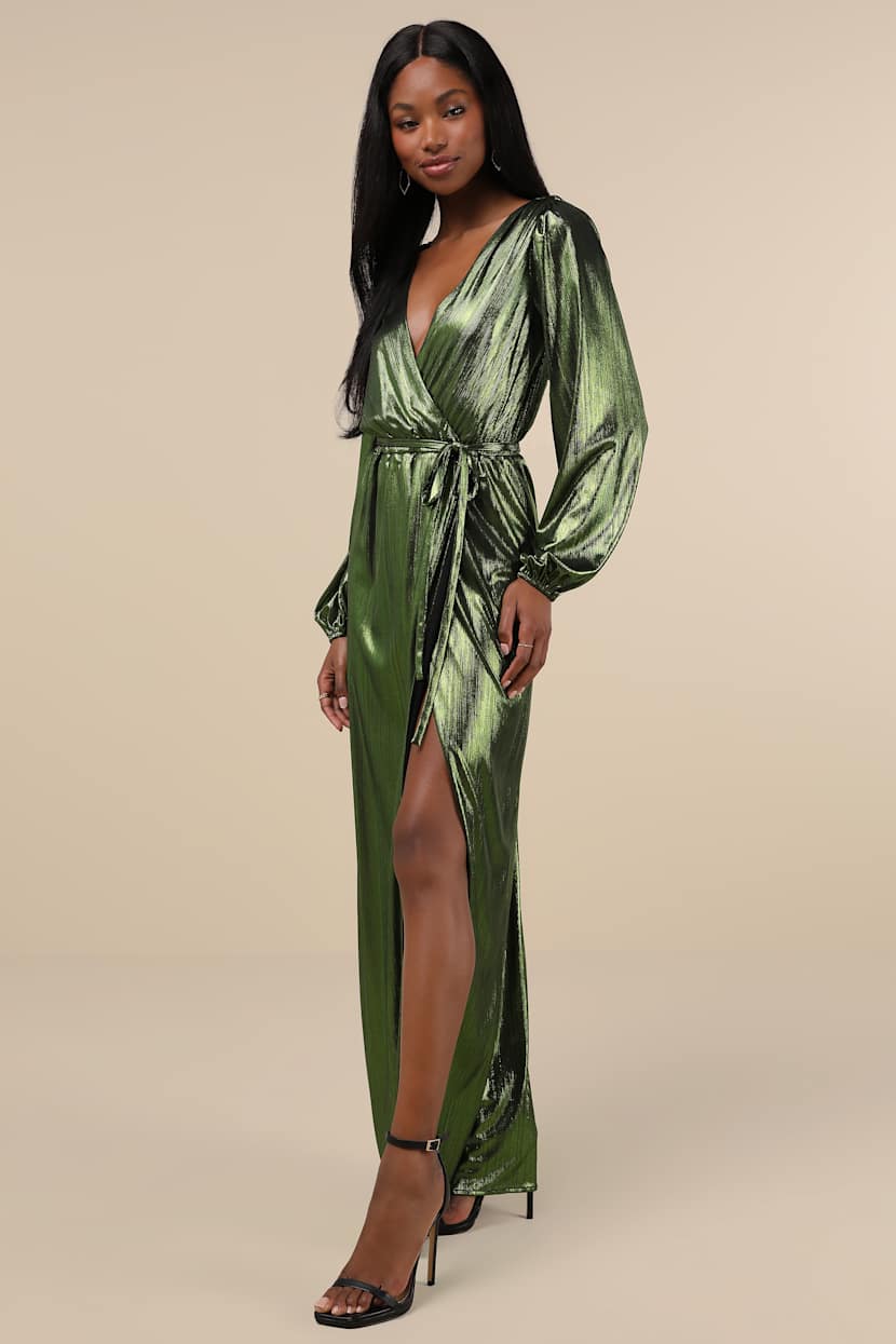 green metallic wrap dress Extra Aesthetic Long Sleeve Surplice Maxi Maxi dress