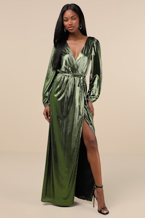 Green Metallic Maxi Dress - Shiny Dress - Surplice Maxi Dress