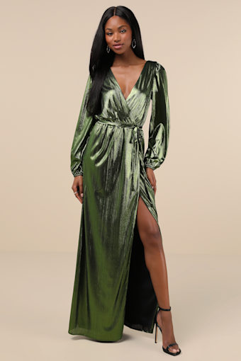 Extra Aesthetic Green Metallic Long Sleeve Surplice Maxi Dress 3
