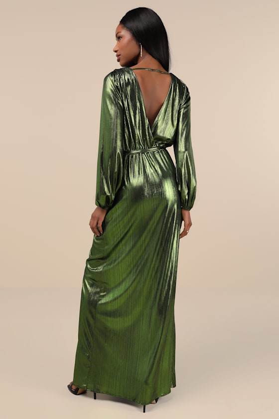 Lulus Extra Aesthetic Green Metallic Long Sleeve Surplice Maxi Dress In Green