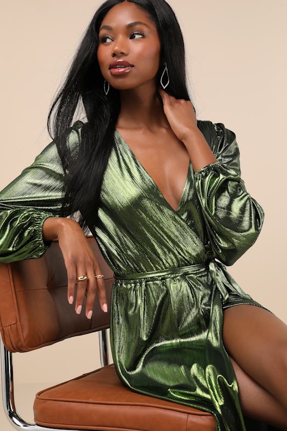 Lulus Extra Aesthetic Green Metallic Long Sleeve Surplice Maxi Dress In Green