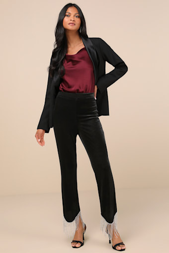 Lustrous Aura Black Velvet Rhinestone Fringe Cropped Pants 4