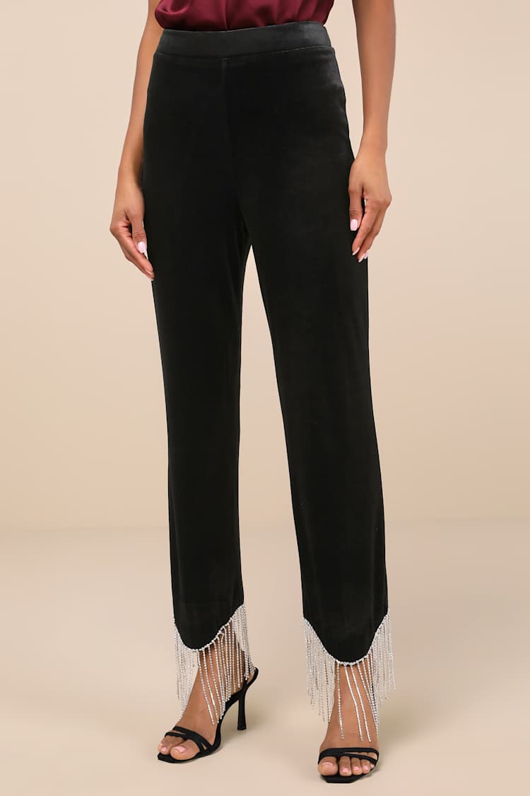 Lustrous Aura Black Velvet Rhinestone Fringe Cropped Pants