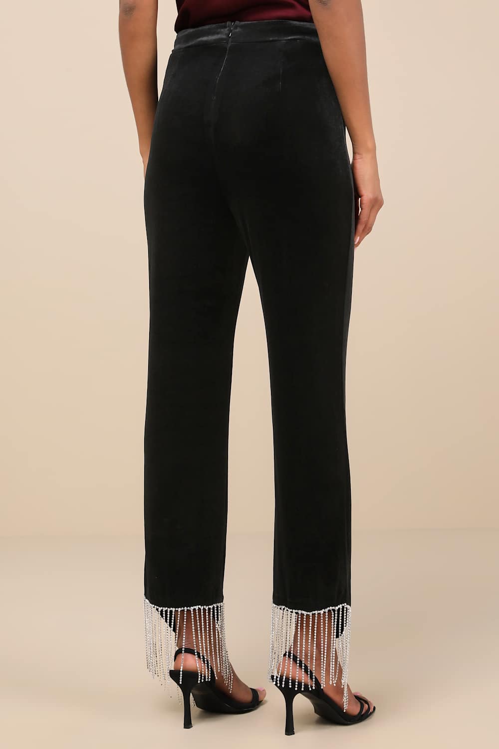 Lustrous Aura Black Velvet Rhinestone Fringe Cropped Pants