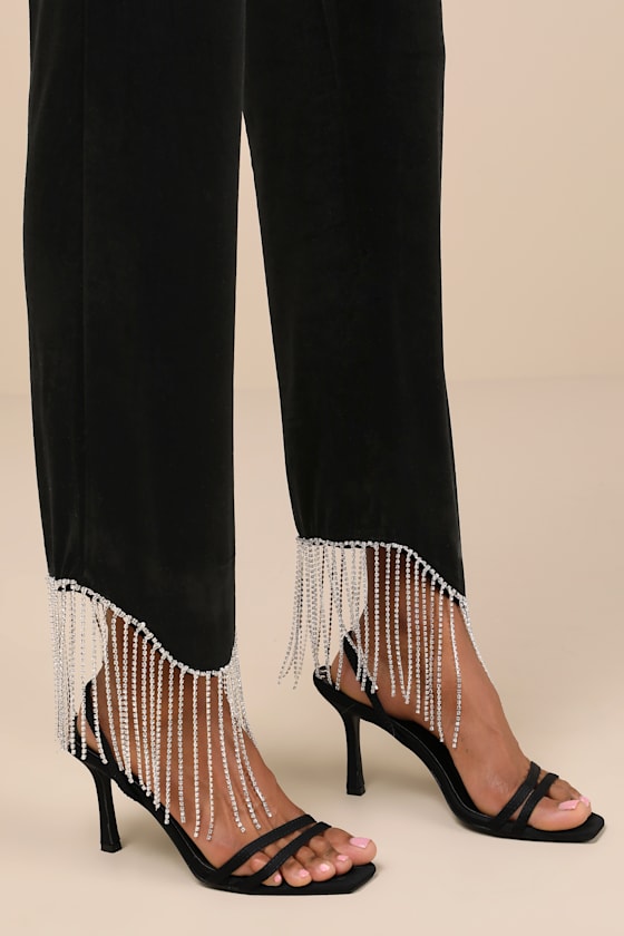 Lulus Lustrous Aura Black Velvet Rhinestone Fringe Cropped Pants In Black