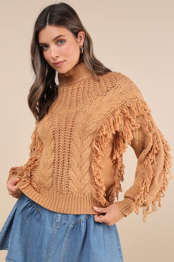 Lulus Wintertime Fave Tan Fringe Cable Knit Sweater In Tan