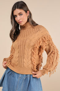 Wintertime Fave Tan Fringe Cable Knit Sweater 1