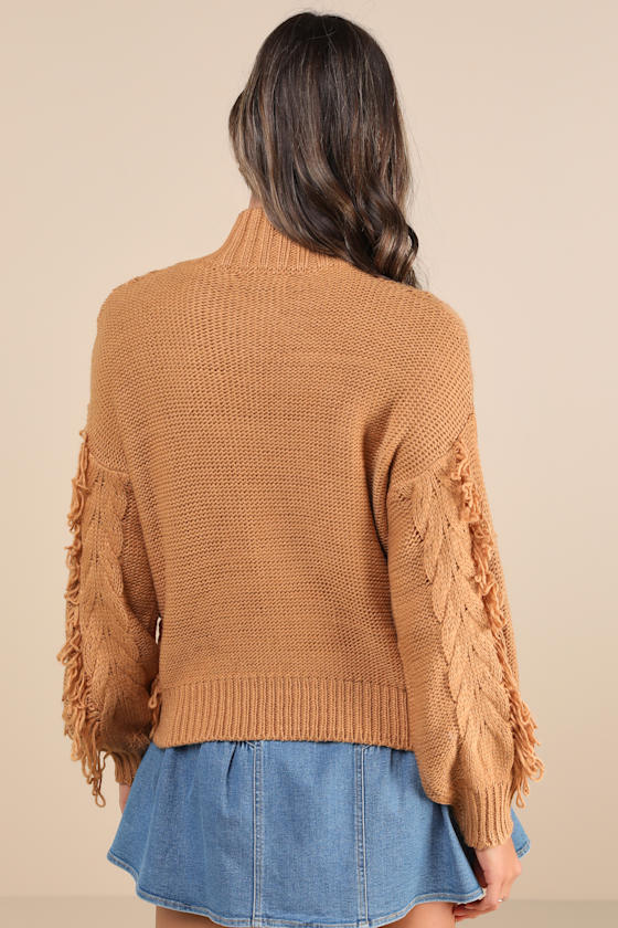 Lulus Wintertime Fave Tan Fringe Cable Knit Sweater In Tan