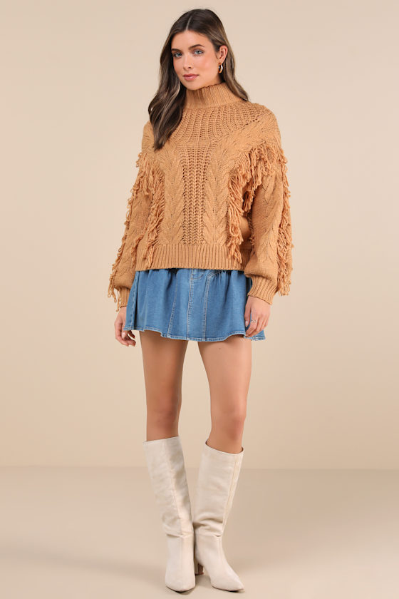 Lulus Wintertime Fave Tan Fringe Cable Knit Sweater In Tan