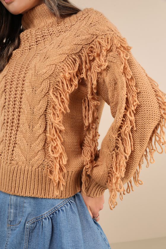 Lulus Wintertime Fave Tan Fringe Cable Knit Sweater In Tan